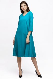 Rochie Eva midi turcoaz A line din tricot de vascoza si decolteu rotund