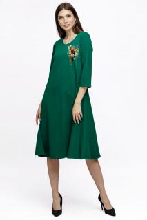 Rochie Eva midi verde A line din tricot de vascoza si decolteu rotund, imprimeu floare la piept