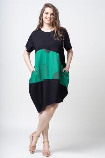 Rochie lalea asimetrica cu bust negru si imprimeu grafic pe fond verde