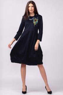 Rochie lalea bleumarin inchis, din bumbac cu imprimeu floare stilizata