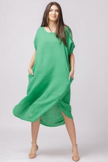 Rochie lalea oversize din in cu buzunare si crapaturi laterale rotunjite, verde