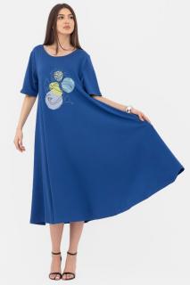 Rochie lunga A-line, albastra, cu imprimeu chip stilizat