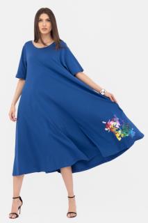 Rochie lunga A-line, albastra, cu imprimeu floare stilizata cu petale multicolore