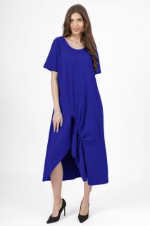 Rochie lunga A-line albastra, din tricot de bumbac cu siret la poale