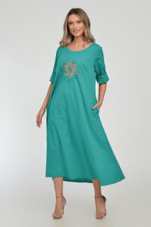 Rochie lunga A-line cu floare paiete aurii mate, din poplin de bumbac, turcoaz