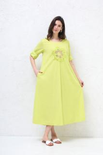 Rochie lunga A-line cu floare paiete aurii mate, din poplin de bumbac, verde lime