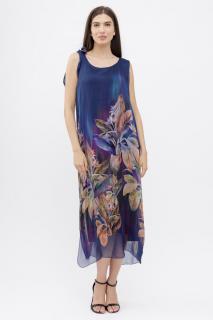 Rochie lunga A-line, cu imprimeu vegetal pe fond bleumarin