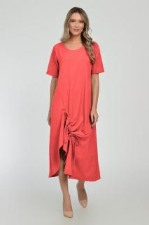 Rochie lunga A-line din in mercerizat cu siret la poale, corai