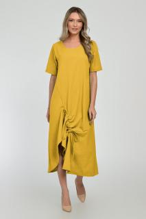 Rochie lunga A-line din in mercerizat cu siret la poale, galben mustar