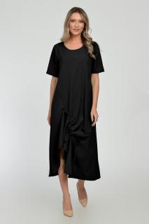 Rochie lunga A-line din in mercerizat cu siret la poale, neagra