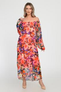 Rochie lunga A-line, din matase naturala cu imprimeu vibrant in nuante de corai, portocaliu si roz