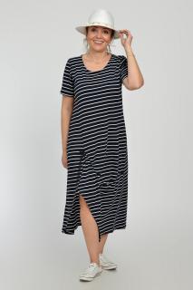 Rochie lunga A-line din tricot de vascoza cu siret la poale, bleumarin cu dungi albe