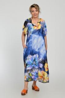 Rochie lunga A-line din vascoza cu matase, cu imprimeu floral pictural pe fond albastru mov