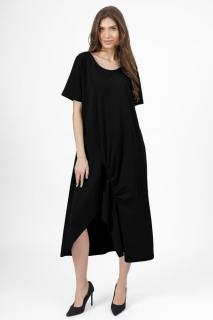 Rochie lunga A-line neagra, din tricot de bumbac cu siret la poale