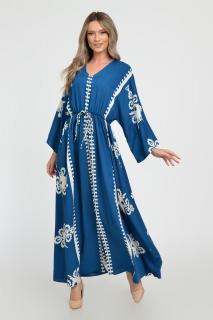 Rochie lunga, albastru turcoaz, cu elastic in talie si imprimeu decoativ alb, din vascoza