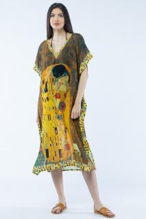 Rochie lunga de plaja tip poncho cu imprimeu dupa   Sarutul    de Gustav Klimt