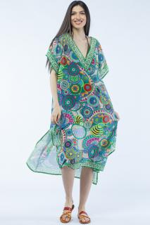 Rochie lunga de plaja tip poncho cu imprimeu mandale in nuante de verde