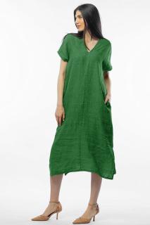 Rochie lunga din in cu funda pe spate, verde oliv inchis