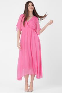 Rochie lunga in colturi, din matase naturala, cu bust petrecut, roz fucsia