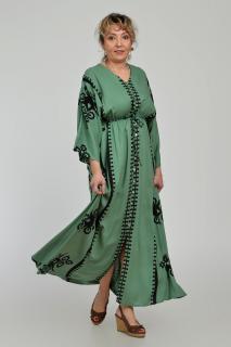 Rochie lunga, kaki, cu elastic in talie si imprimeu decoativ alb, din vascoza