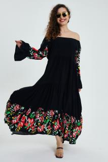 Rochie lunga Madonna neagra cu imprimeu floral, cu 4 volane, din vascoza