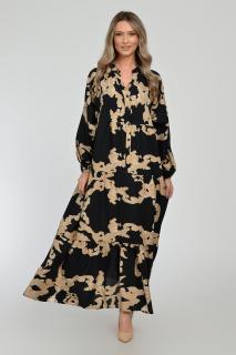 Rochie lunga, neagra, A-line cu imprimeu abstract bej, din vascoza