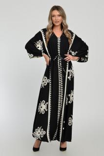 Rochie lunga, neagra, cu elastic in talie si imprimeu decoativ alb, din vascoza