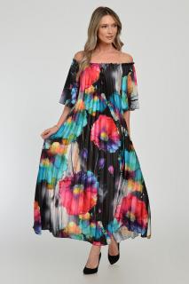 Rochie lunga plisata A-line din satin cu imprimeu flori picturale pe fond negru