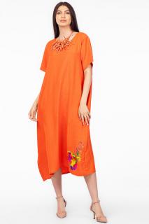 Rochie lunga portocalie din in mercerizat, marime oversize cu fluture stilizat