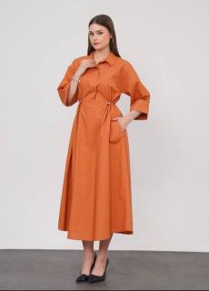Rochie lunga tip camasa din poplin satinat de bumbac, caramizie