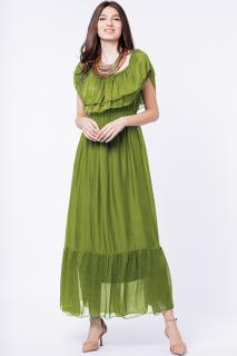 Rochie lunga, verde olive, din matase naturala, cu volan pe umeri