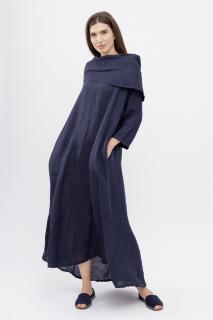 Rochie maxi,  A-line, din in, cu guler amplu, bleumarin