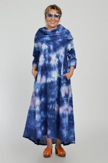 Rochie maxi,  A-line, din in, cu guler amplu, cu imprimeu boem tie-dye bleumarin