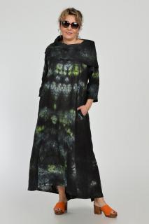 Rochie maxi,  A-line, din in, cu guler amplu, cu imprimeu boem tie-dye negru