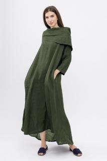 Rochie maxi,  A-line, din in, cu guler amplu, kaki