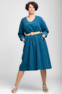 Rochie midi A-line din catifea reiata, cu curea, turcoaz