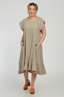 Rochie midi A-line din in mercerizat cu buzunare si volan, bej