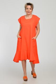 Rochie midi A-line din in mercerizat cu buzunare si volan, corai