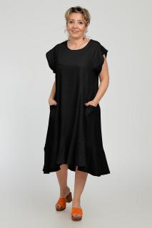 Rochie midi A-line din in mercerizat cu buzunare si volan, neagra