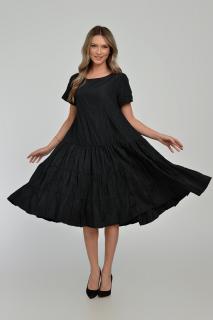 Rochie midi ampla, cu volane, A-line, cu talia joasa, din tafta de vascoza, neagra