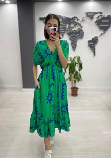 Rochie midi din bumbac, cu elastic in talie si imprimeu albastru pe fond verde