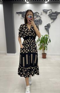 Rochie midi din bumbac, cu elastic in talie si imprimeu bej pe fond negru