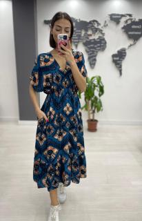 Rochie midi din bumbac, cu elastic in talie si imprimeu ciocolatiu pe fond bleumarin