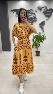 Rochie midi din bumbac, cu elastic in talie si imprimeu ciocolatiu pe fond galben