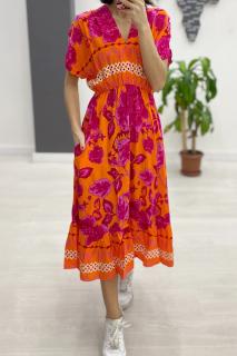 Rochie midi din bumbac, cu elastic in talie si imprimeu fucsia pe fond portocaliu
