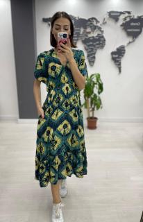 Rochie midi din bumbac, cu elastic in talie si imprimeu galben pe fond turcoaz