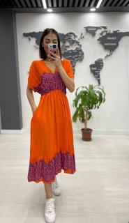 Rochie midi din bumbac, cu elastic in talie si imprimeu lila pe fond portocaliu