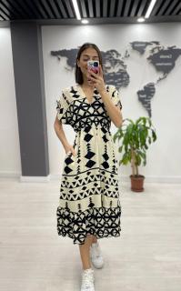 Rochie midi din bumbac, cu elastic in talie si imprimeu negru pe fond alb