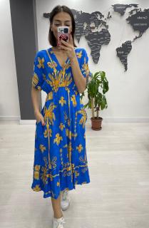 Rochie midi din bumbac, cu elastic in talie si imprimeu portocaliu pe fond albastru