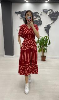 Rochie midi din bumbac, cu elastic in talie si imprimeu roz pe fond bordo